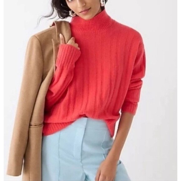 J. Crew Ribbed Mock Neck SuperSoft Yarn Merino Wool Alpaca Sweater Red M - Picture 1 of 12